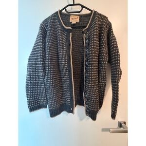Woolrich Vintage 100% Wool Birds Eye Knit Cardigan Sweater Gray Tan Womens M
